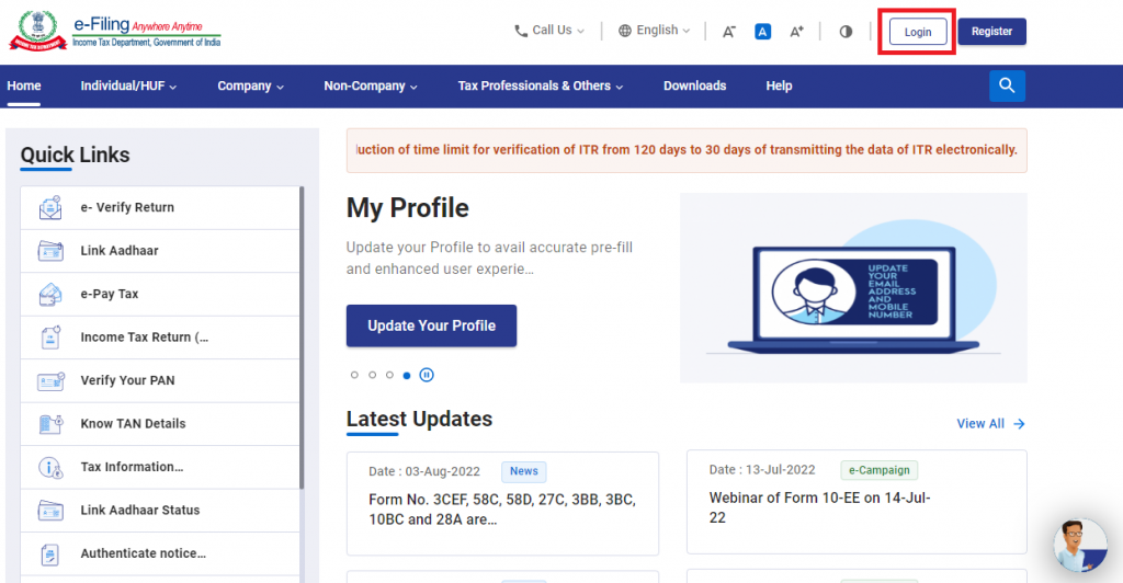income tax portal login page