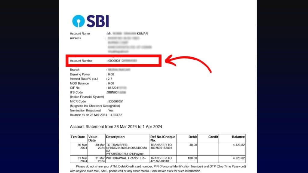 How to know SBI Account number using Bank Statement